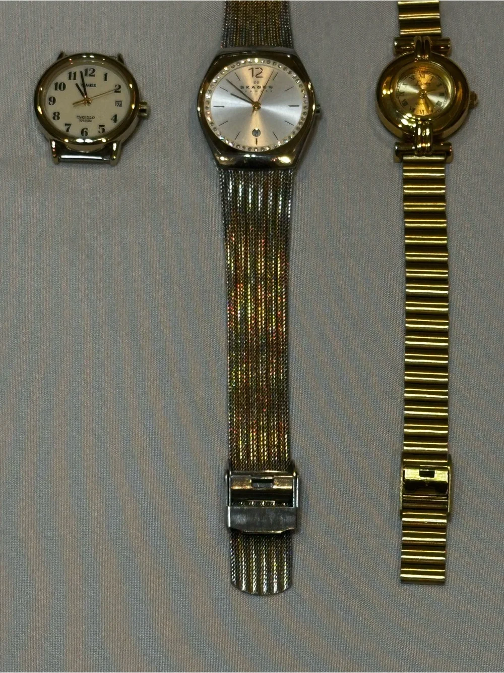 Watch Bundle: Timex Face, Two Tone Skagen and Gold Tone Lotus. Vintage inspired.
